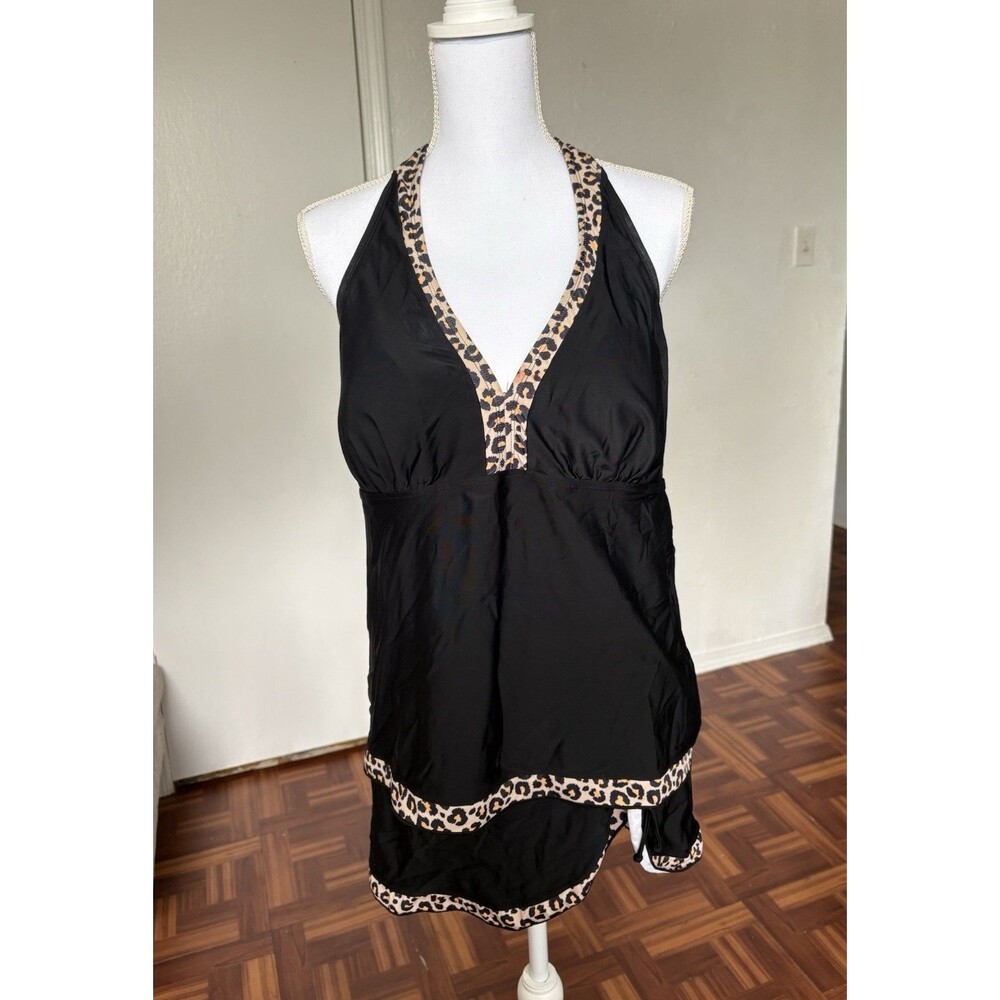 Women’s Black Leopard Halter Top and Skirt Swimsuit Set Size 2X - Picture 1 of 13